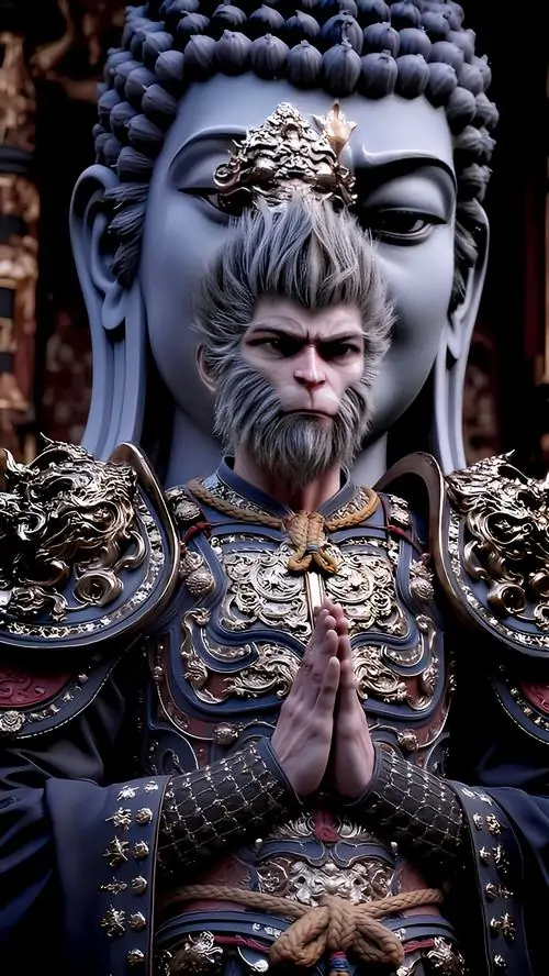 8 Ảnh wallpaper Hắc Thần Thoại Ngộ Không đặc tả gương mặt cầu nguyện trước tượng lớn tông màu trầm và ánh mắt lạnh làm ảnh thêm nặng khí