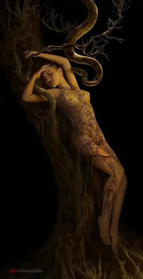 9 Góc chụp nàng thơ đặt cơ thể trong nền đen gần tuyệt đối, chỉ viền sáng vàng lướt dọc cánh tay và thân mình, nhiếp ảnh hình thể khai thác bóng đổ nghệ thuật để biến dáng đứng thành một tượng khắc sống