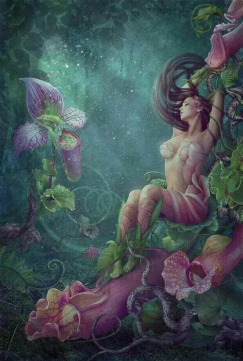 1 Ảnh gái trong không gian xanh mờ như cổ tích, cơ thể cuộn mềm giữa hoa lá và làn nước, ảnh nuy nghệ thuật này gợi vẻ đẹp thuần khiết qua ánh sáng mềm và nhịp uốn lượn kín đáo của dáng ngồi