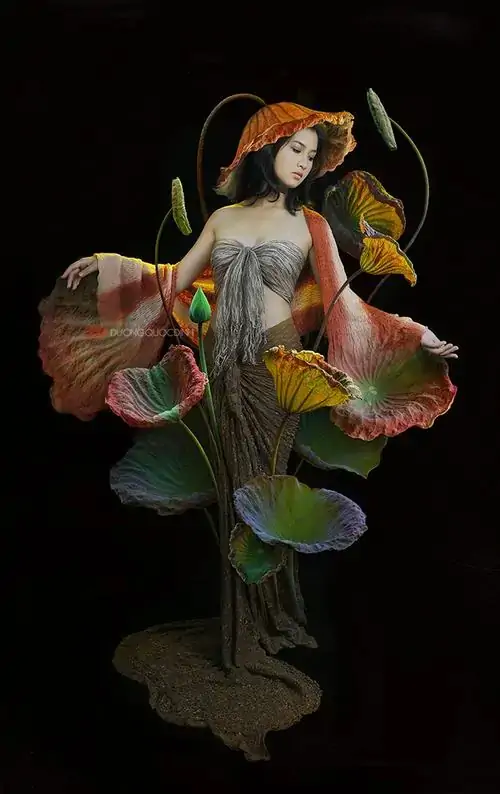 21 Ảnh gái trong lớp váy hoa sẫm như đang múa giữa nền đen, thân thể nửa kín nửa hở tạo cảm giác chuyển động liên tục, ảnh khỏa thân nghệ thuật nghiêng về ý niệm, để hình thể hòa vào những cánh lá mềm