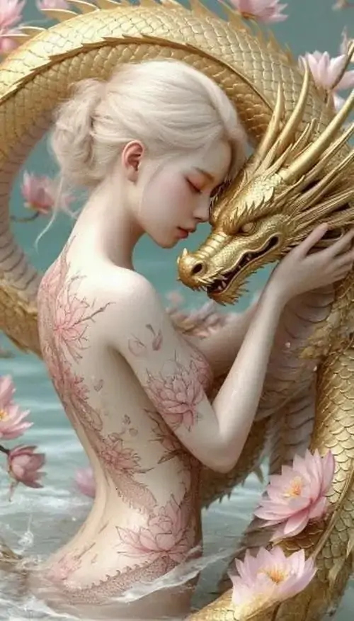 2 Người mẫu da sáng nghiêng mình sát cánh thiên nga vàng, cổ và gáy thả lỏng trong nền nước nhạt, bức ảnh khỏa thân thẩm mỹ nhấn vào bờ vai mảnh và cảm giác tinh tế rất dịu như tranh vẽ