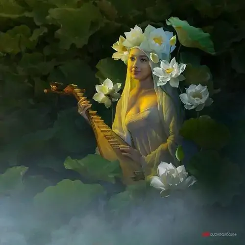 31 Trong vùng lá xanh rậm, người mẫu đội vòng hoa trắng vàng và nghiêng mặt đón sáng, khung hình tuy kín đáo vẫn gần với ảnh khỏa thân nghệ thuật ở cách tôn vinh vẻ đẹp tự nhiên, da thịt và nhịp thở dịu