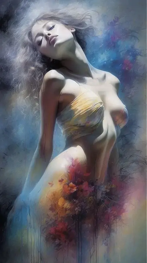 4 Mảng màu lam tím phủ quanh thân người ngửa ra sau, cơ thể hiện lên như tranh sơn dầu đang chuyển động, ảnh cơ thể nghệ thuật thiên về trừu tượng, làm nổi khối cơ thể bằng tương phản sáng tối đầy mê hoặc