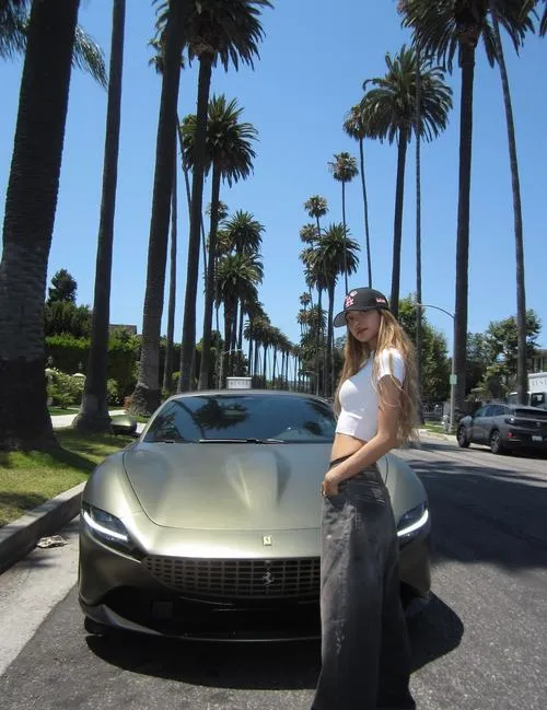 25 Long-legged Lisa đứng cạnh xe trên hàng cọ nắng vàng khoe dáng cao và thần thái tự do