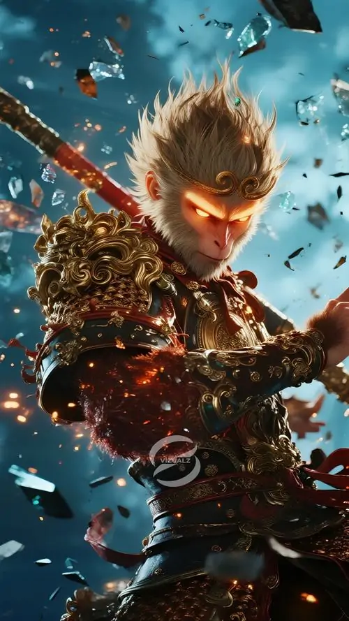 31 Hình dọc Hắc Thần Thoại Ngộ Không làm bật áo choàng và các dải sáng uốn quanh cơ thể trong khung cảnh thành quách rực nắng