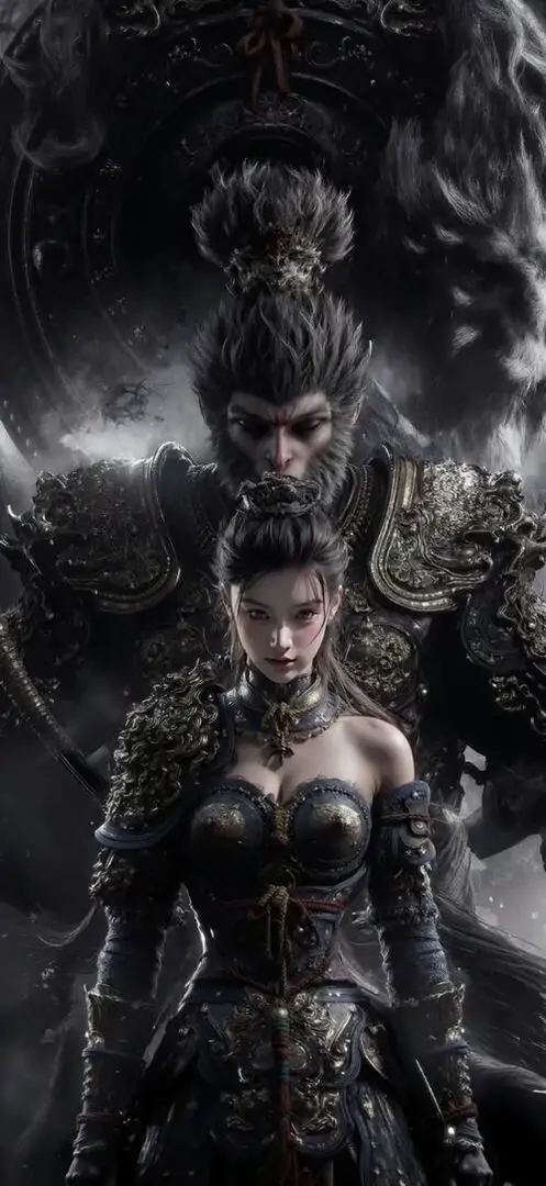 35 Hình nền dọc Black Myth Wukong phối mảng sáng tối giữa quỷ diện và gương mặt thanh tú đem lại cảm giác đối lập đầy nghệ thuật