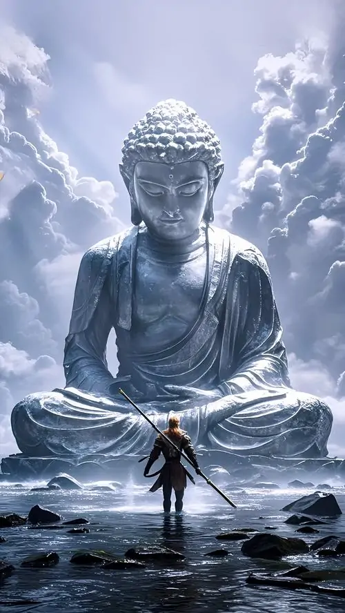 36 Ảnh nền máy tính Black Myth Wukong khắc họa bậc thềm đá và tượng lớn phía sau nhân vật ngồi im tạo cảm giác rất tĩnh và sâu