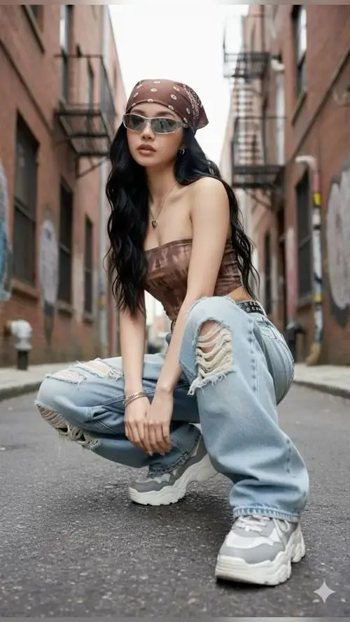 4 Ảnh quảng bá thời trang cô gái ngồi thấp giữa phố với áo ngắn và quần jeans tạo cảm giác cá tính rất hút mắt