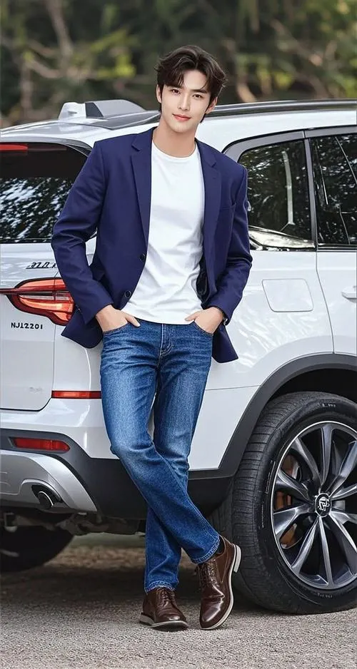 1 Mẫu ảnh nam đứng cạnh ô tô trắng với áo khoác xanh đậm áo thun sáng và jeans tạo vẻ trẻ trung tự tin