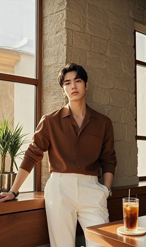 10 Chàng trai thanh xuân mặc sơ mi nâu quần kem đứng cạnh cửa sổ gỗ mang vẻ tinh tế ấm áp và gần gũi