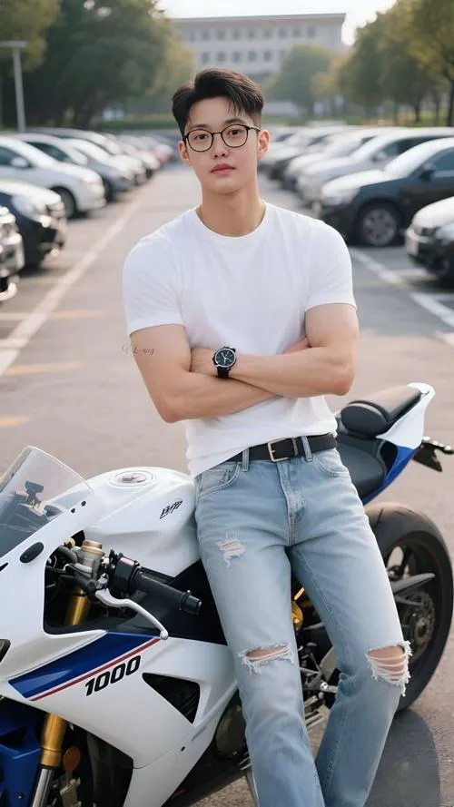 13 Chàng trai cuốn hút mặc áo trắng quần jeans sáng đeo kính đứng cạnh mô tô cho cảm giác khỏe khoắn hiện đại
