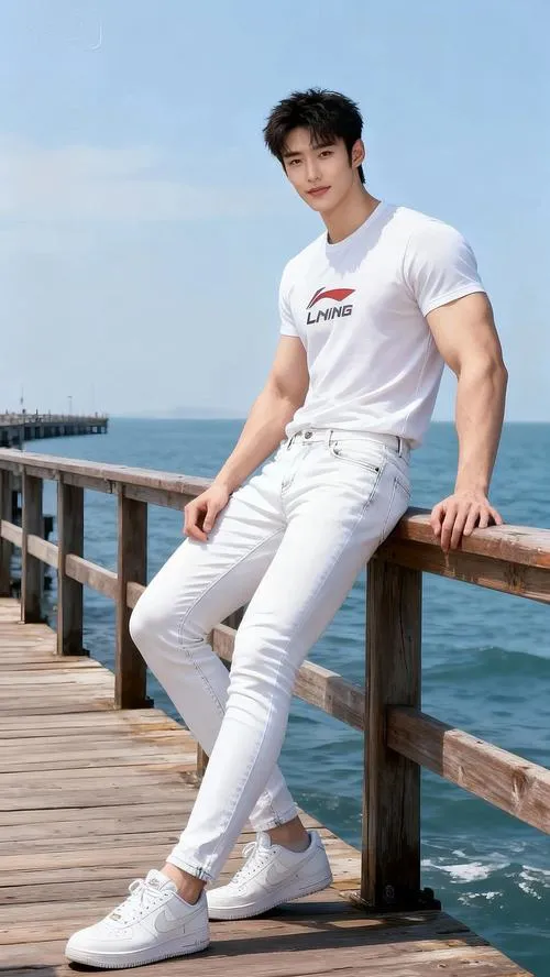 14 Soái ca diện áo thun trắng quần sáng tựa lan can bên biển mang vẻ tự do nhẹ nhàng và hình thể cân đối