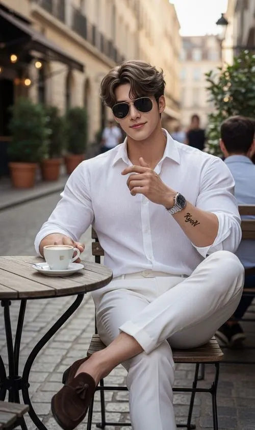 16 Nam thần ngồi quán cà phê với sơ mi be quần sáng và kính mát gợi vẻ phong trần thư thả giữa phố