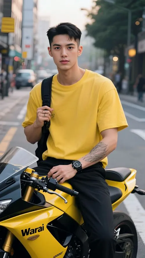 17 Người mẫu thể hình mặc áo vàng nổi bật ngồi trên xe thể thao tạo cảm giác mạnh mẽ bứt phá và rất nam tính