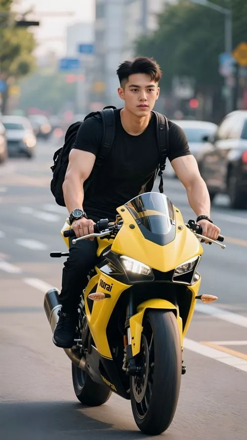 18 Mỹ nam áo thun đen ôm người ngồi trên mô tô vàng giữa phố làm bật cơ thể săn chắc và khí chất tự tin