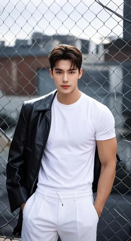 19 Mẫu ảnh nam phối áo trắng với áo khoác đen đứng cạnh hàng rào lưới tạo vẻ góc cạnh và trẻ trung cuốn mắt