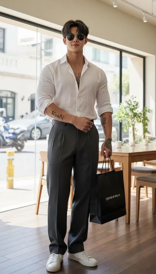 20 Chàng trai thanh xuân mặc sơ mi trắng mở cúc nhẹ cùng quần tối trong không gian sáng mang nét tri thức điềm đạm