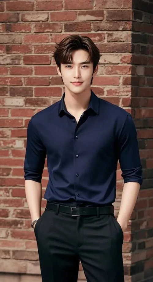21 Soái ca sơ mi xanh đậm đứng trước tường gạch đỏ với xương hàm rõ nét và thần thái lạnh đầy cuốn hút