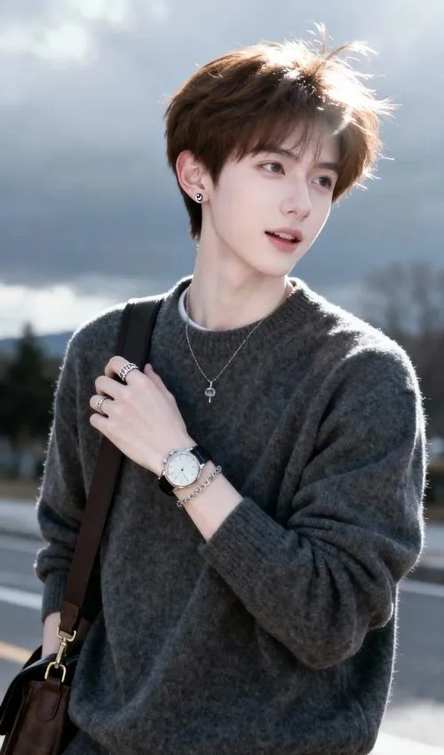22 Nam thần áo len xám tóc nâu bồng nhẹ ngoài trời tạo cảm giác lãng tử mềm mại nhưng vẫn giữ vẻ nam tính