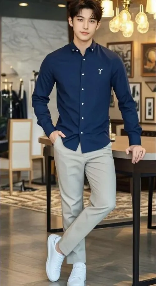 23 Mẫu ảnh nam diện sơ mi xanh đậm quần kem trong không gian quán sang tạo hình lịch lãm và tự tin vừa đủ