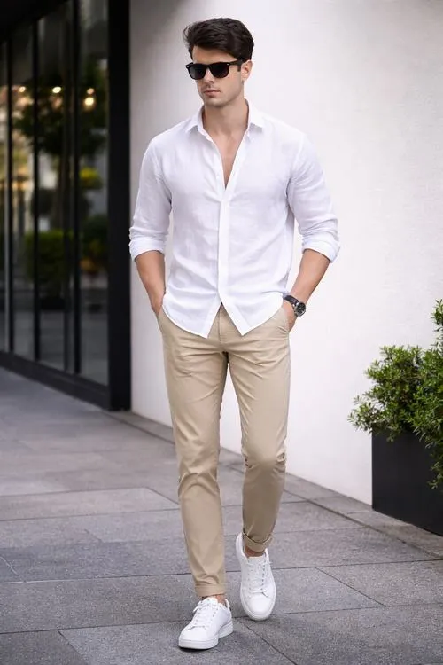 24 Chàng trai cuốn hút mặc sơ mi trắng quần be cùng kính đen bước giữa lối đi mang chất tối giản và trưởng thành