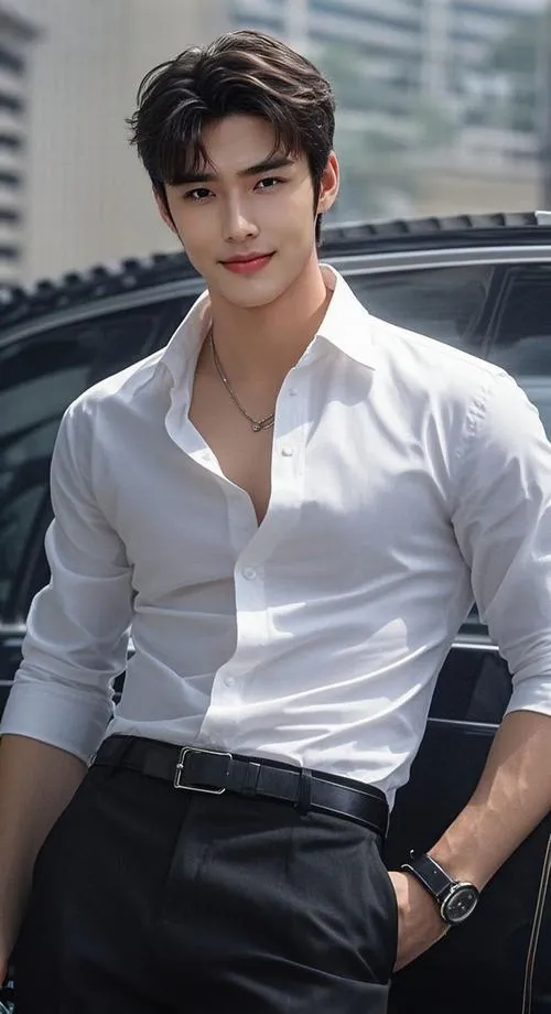 25 Mỹ nam sơ mi trắng ôm người quần tối tựa cạnh xe làm nổi bật sống mũi cao và dáng đứng vững chãi