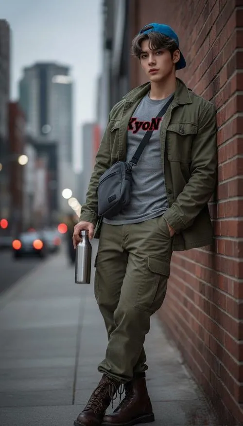 26 Mẫu ảnh nam khoác áo xanh rêu phối đồ bụi nhẹ đứng bên tường gạch gợi chất đường phố và vẻ phong trần