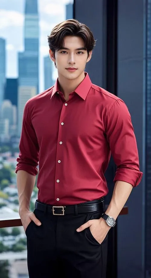 28 Nam thần sơ mi đỏ quần tối đứng giữa nền thành phố làm bật gương mặt sáng và khí chất nổi bật