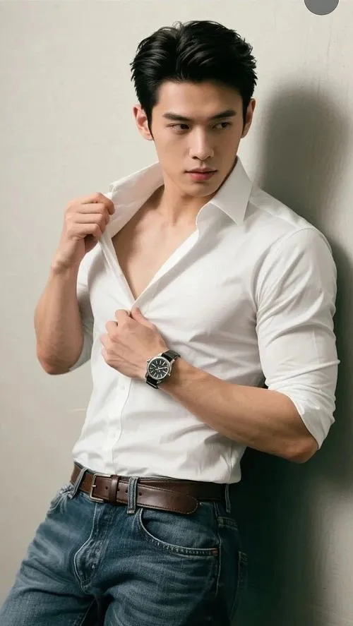 29 Chàng trai thanh xuân mở cúc sơ mi trắng phối jeans xanh tựa tường sáng khoe vẻ khỏe khoắn và ánh mắt cuốn hút