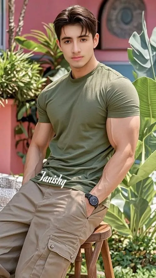 3 Người mẫu thể hình mặc áo ôm màu rêu quần túi hộp ngồi cạnh cây lá khoe bờ vai rộng và vẻ khỏe khoắn