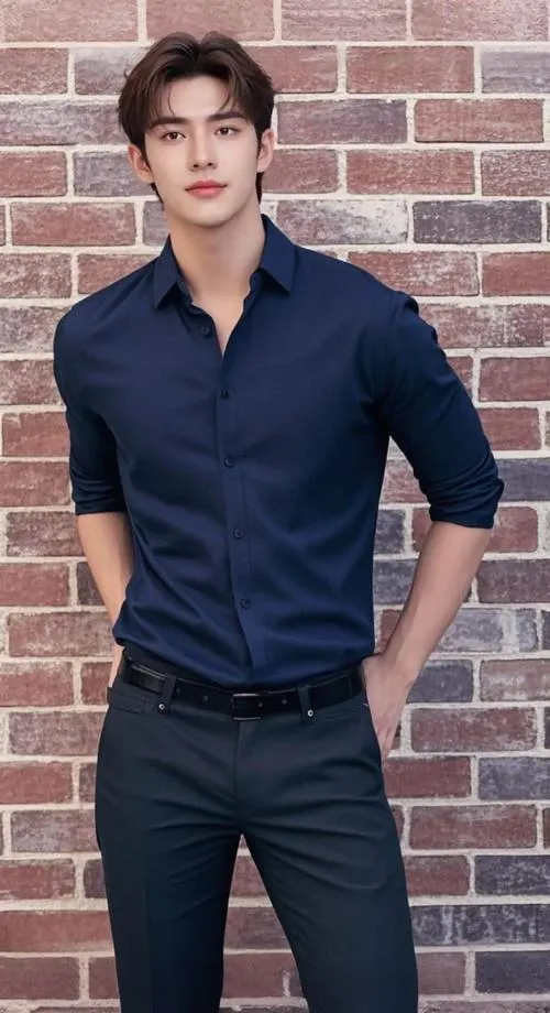 5 Mỹ nam mặc sơ mi xanh đậm quần tây đen tựa tường gạch với gương mặt góc cạnh và thần thái điềm tĩnh