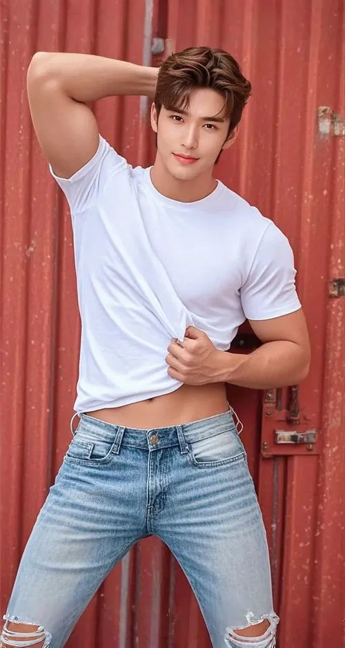 8 Nam thần áo thun trắng ôm dáng cùng jeans rách đứng trước nền đỏ khoe vóc dáng chữ V và nét phong trần