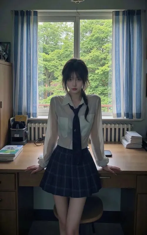 17 Bộ ảnh đồng phục bắt khoảnh khắc nữ sinh đứng trước cửa sổ lớp học ánh sáng tối nhẹ làm nổi bật vẻ trầm và sâu