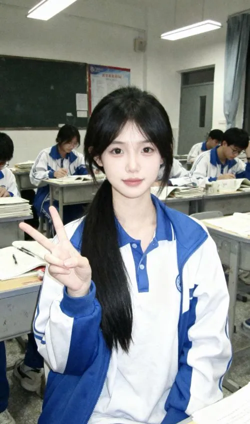 20 Ảnh học đường ghi lại cô gái mặc áo khoác xanh giơ tay chữ v trong lớp biểu cảm tươi tắn và rất tự nhiên