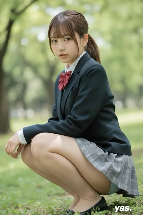 29 Bộ ảnh đồng phục ghi lại nữ sinh ngồi xổm trên cỏ với áo vest tối chân váy ngắn tạo vẻ cá tính mà vẫn đáng yêu
