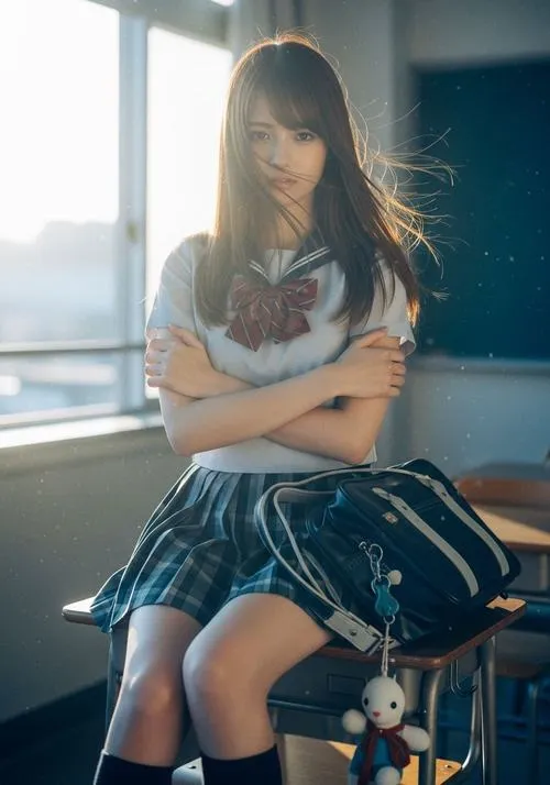 35 Cô nàng mặc váy caro ngồi cạnh cửa sổ lớp học ôm sách trước ngực tạo một khung hình thanh xuân rất lặng và đẹp