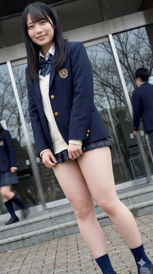 19 Ảnh cô gái nghiêng người trước lan can kính trong blazer xanh đậm và tất cao cổ nhìn đầy sức sống
