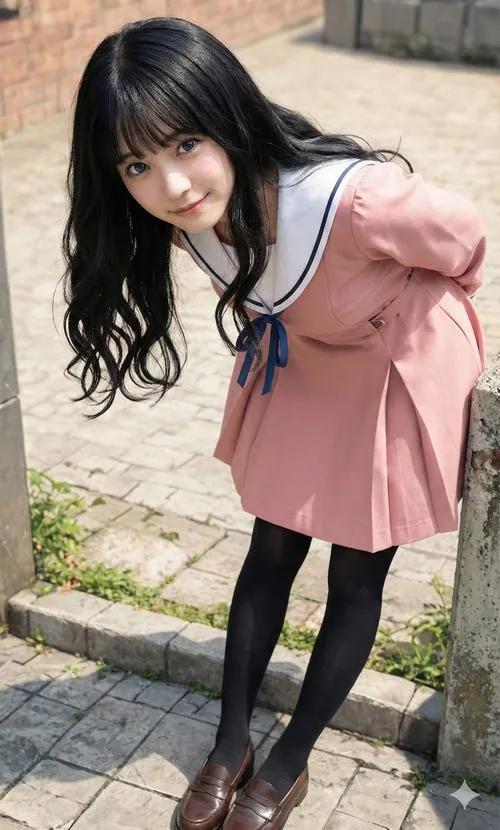 20 Hot girl mặc áo khoác hồng cùng váy ngắn đen đứng bên lối đi đá gợi nét đẹp tự nhiên rất mềm