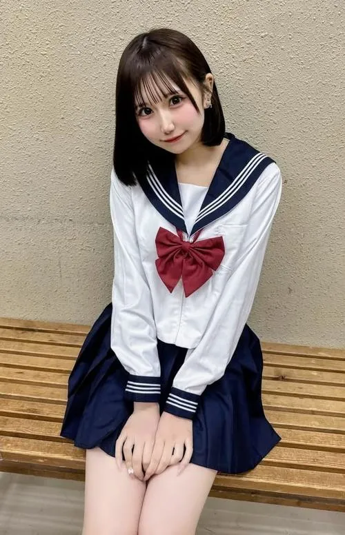 6 Hot girl diện seifuku trắng xanh ngồi trên ghế gỗ đôi tay khép nhẹ gương mặt nhỏ đầy dịu dàng