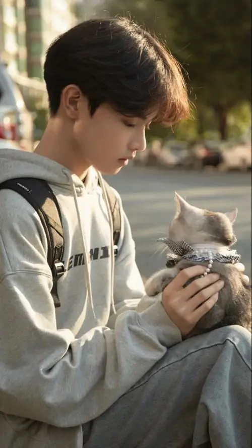 17 Ảnh nam cuốn hút khi chàng ngồi ôm mèo bên mép ghế ngoài trời tạo nên sự đối lập thú vị giữa gương mặt điềm tĩnh và nét mềm của thú cưng khung hình nổi bật nhờ vẻ hài hòa và biểu cảm tự nhiên