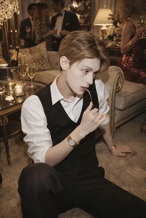 30 Không gian quán cổ điển và bộ vest đen trắng khiến cậu trai ngồi nghiêng bên ghế mang vẻ trưởng thành rõ rệt bức hình nổi bật nhờ khí chất lịch lãm và sự chỉn chu từ tóc tới tư thế ngồi
