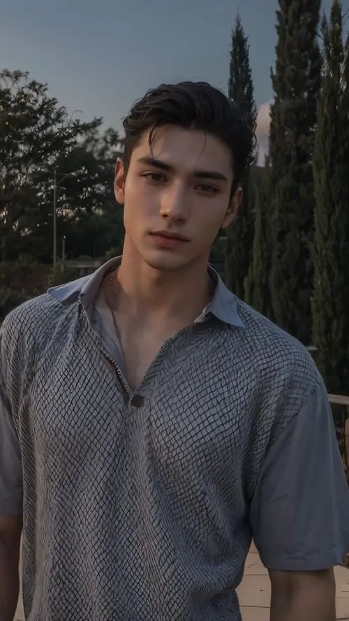 4 Người mẫu trẻ mặc áo xám đứng giữa khoảng sân hẹp lúc nắng muộn chiếu nhẹ lên mặt làm gương mặt cân đối càng rõ hơn ánh mắt bình tĩnh cùng bờ vai mở tạo nên một vẻ điềm tĩnh và mạnh mẽ