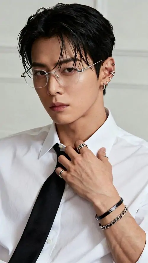 28 Khung hình bán thân với sơ mi trắng và cà vạt đen, chàng trai chạm nhẹ lên cổ như đang chỉnh trang trước giờ ra ngoài, vẻ tri thức hiện rõ qua dáng đứng gọn gàng, tổng thể sạch sẽ và giàu sức hút gần gũi