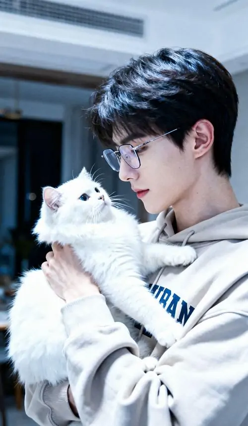 13 Chàng trai ôm mèo trắng trong góc nhà, mặc hoodie xám và nghiêng người nhìn sang bên, kiểu chụp bán thân làm ánh sáng trên má mềm hơn, khung ảnh gợi vẻ thư sinh kín đáo, tự nhiên như khoảnh khắc sinh hoạt thường ngày