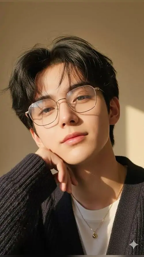 21 Ảnh nam thần đeo kính trong căn phòng ánh nắng xiên, chàng trai mặc áo len tối, đeo vòng cổ mảnh và nghiêng đầu cười nhẹ, bức ảnh thiên về cảm giác trưởng thành, vẫn giữ sức hút gần gũi nhờ biểu cảm không quá kiểu cách