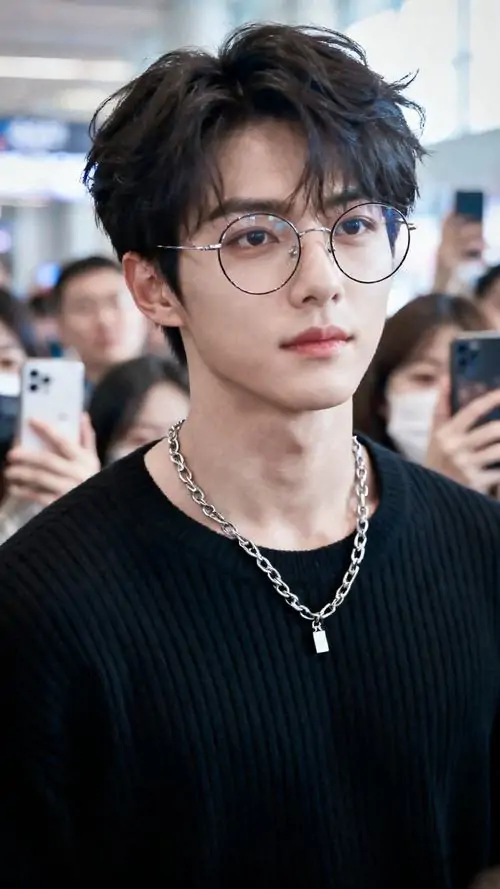 25 Ảnh soái ca đeo kính ở nơi đông người, chàng trai mặc áo len đen và đeo dây chuyền bạc, nhìn thẳng qua máy với nét bình tĩnh, đám đông phía sau làm khung hình có nhịp sống, còn gương mặt vẫn giữ độ cuốn hút rất riêng