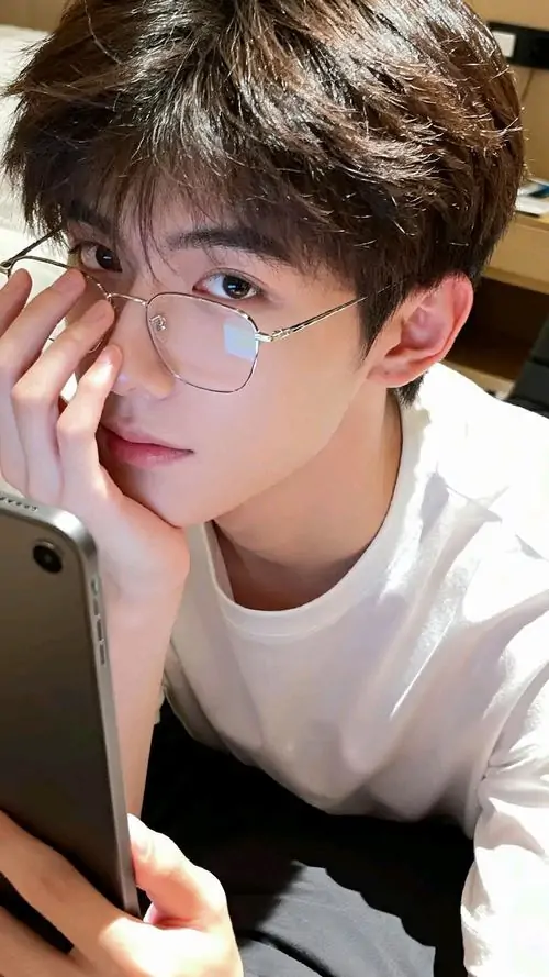 3 Hình nam thần đeo kính chụp cận trong không gian ấm, chàng trai tựa tay lên má với chiếc kính trong trẻo, sống mũi nổi bật và ánh mắt mềm, tạo cảm giác tri thức nhưng không khô khan, vừa gần vừa có độ cuốn riêng