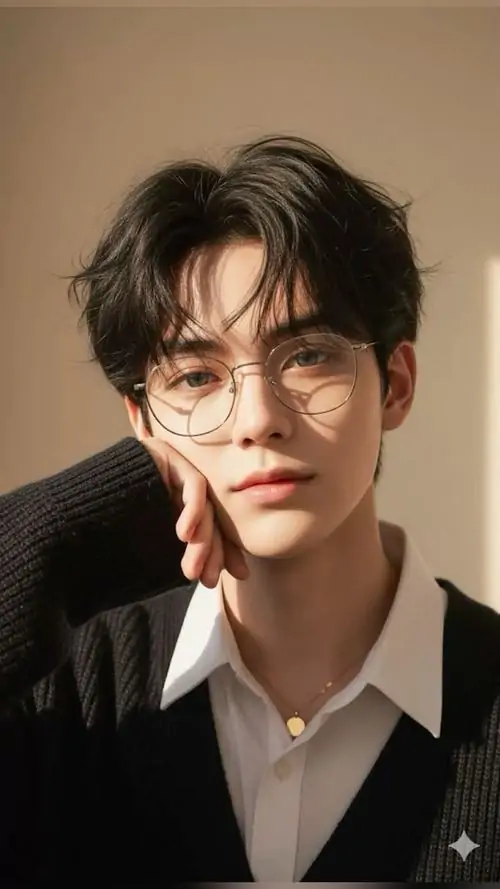 44 Ảnh chàng trai đeo kính dưới mái hiên sau cơn mưa, chàng trai kéo cao cổ áo khoác và nhìn ra đường ướt, màu sắc trầm cùng ánh sáng phản chiếu giúp khung hình có chất điện ảnh, rất hợp người thích vẻ lãng tử