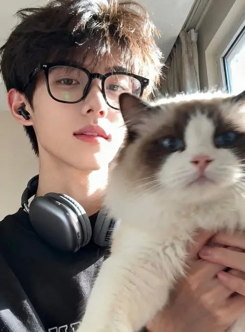 32 Khung hình chụp dọc trên ban công chiều muộn, chàng trai tựa lan can, gió làm tóc hai mái hơi xô lệch, nền trời cam nhạt phía sau giúp gương mặt sáng lên, tổng thể tạo cảm giác lãng tử và mềm mại vừa đủ