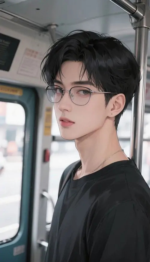 35 Chàng trai ngồi ghế sofa tối màu, một tay chống trán như đang nghĩ ngợi, kính gọng vuông làm đường nét gương mặt cứng cáp hơn, màu ảnh trầm nhấn mạnh thần thái lạnh lùng mà vẫn giữ nhịp cảm xúc kín đáo